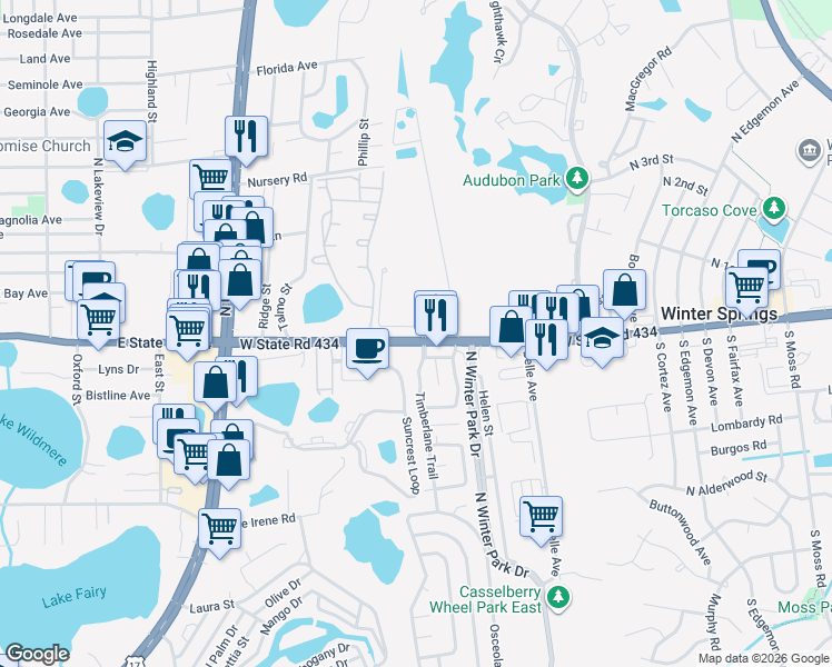 map of restaurants, bars, coffee shops, grocery stores, and more near in Casselberry