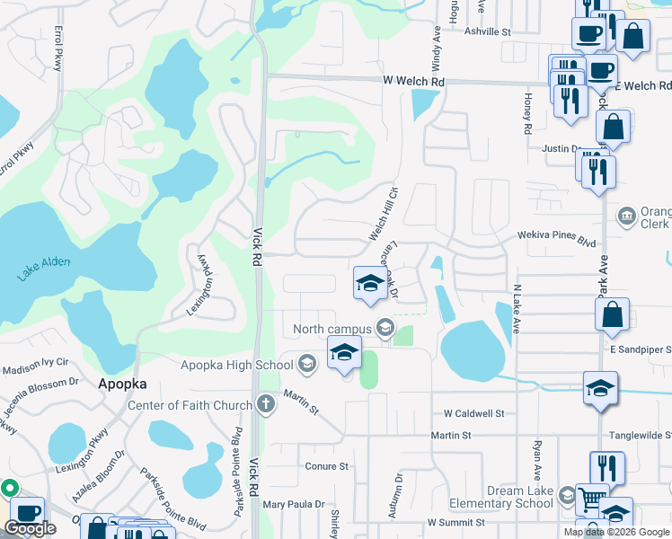 map of restaurants, bars, coffee shops, grocery stores, and more near 492 Lisa Karen Circle in Apopka