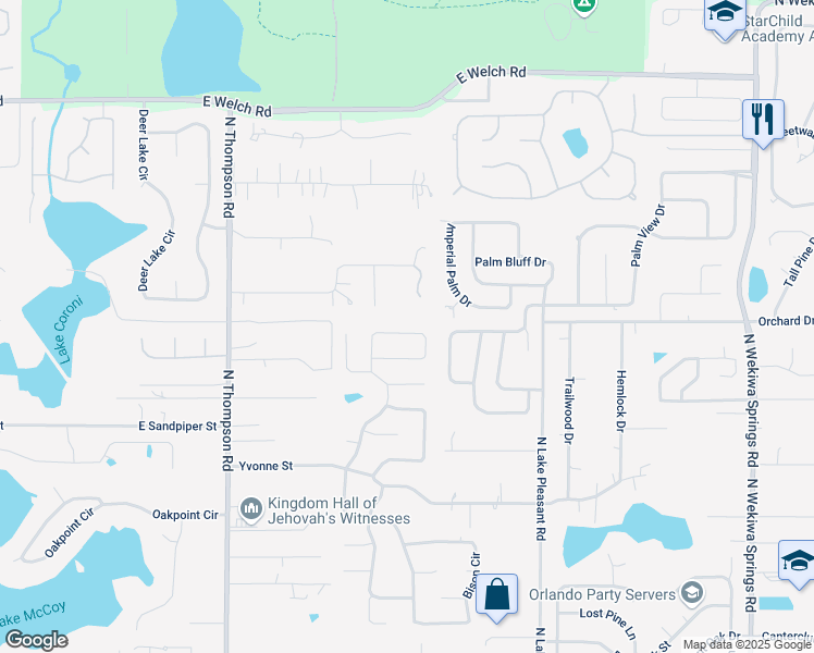 map of restaurants, bars, coffee shops, grocery stores, and more near 1634 Silver Fox Circle in Apopka