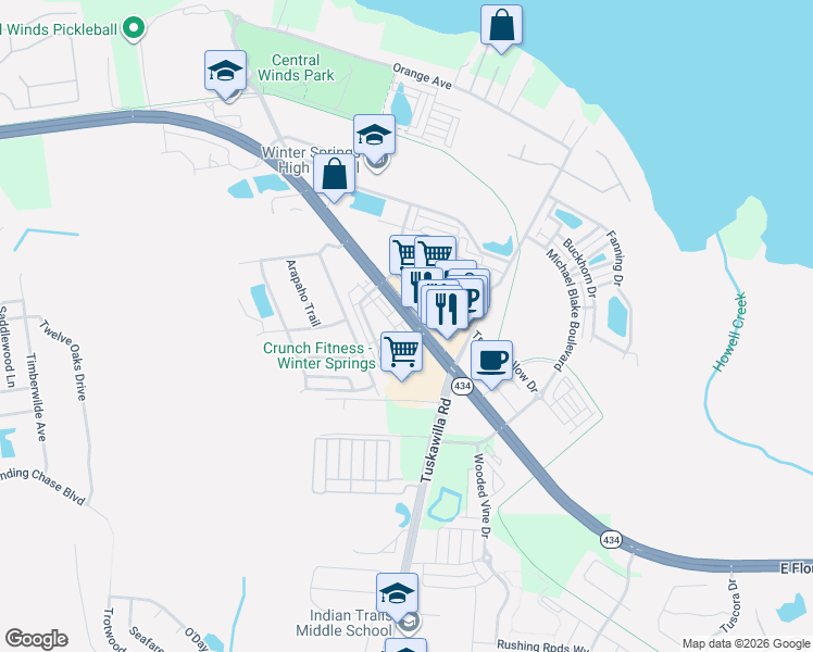 map of restaurants, bars, coffee shops, grocery stores, and more near 368 Innisbrook Lane in Winter Springs