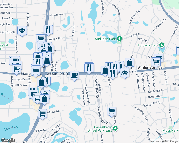 map of restaurants, bars, coffee shops, grocery stores, and more near in Casselberry