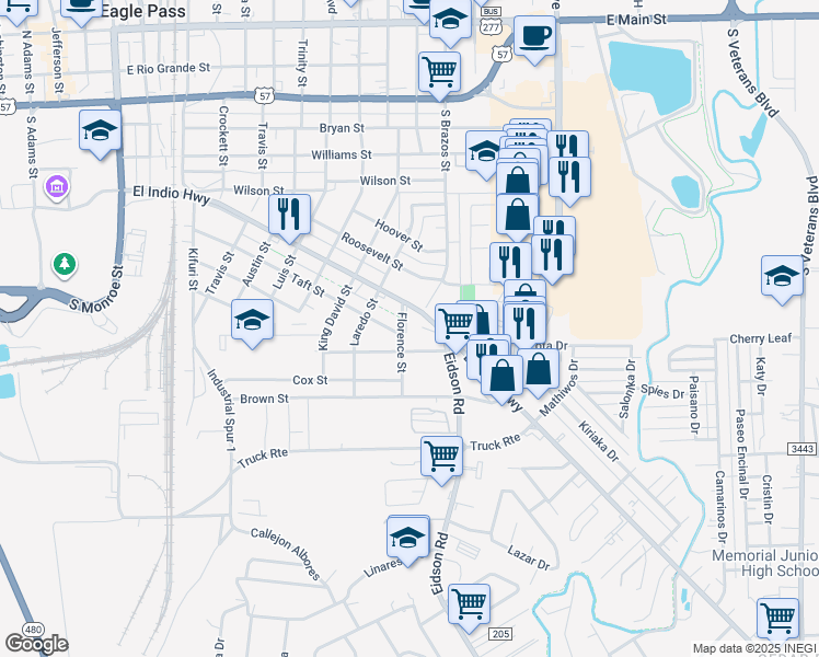 map of restaurants, bars, coffee shops, grocery stores, and more near 890 Florence Street in Eagle Pass