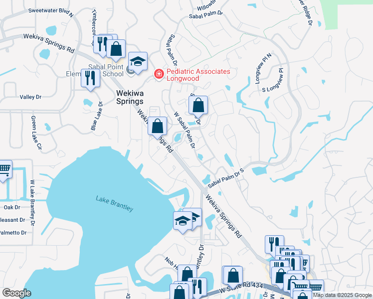 map of restaurants, bars, coffee shops, grocery stores, and more near 498 North Pin Oak Place in Longwood
