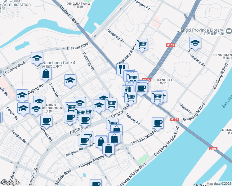 map of restaurants, bars, coffee shops, grocery stores, and more near in Nanchang