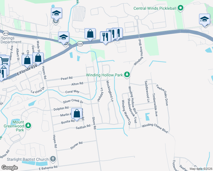 map of restaurants, bars, coffee shops, grocery stores, and more near 209 Holiday Lane in Winter Springs