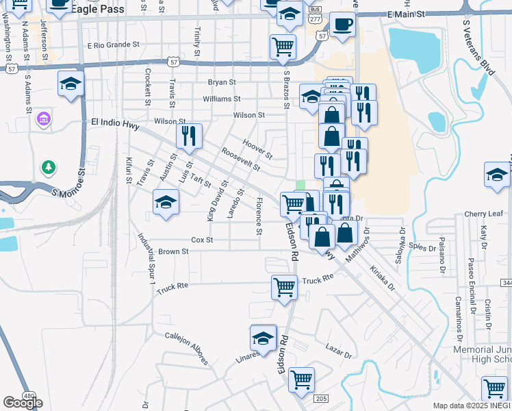 map of restaurants, bars, coffee shops, grocery stores, and more near 890 Florence Street in Eagle Pass