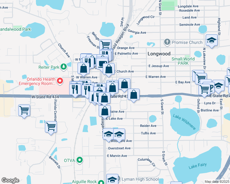 map of restaurants, bars, coffee shops, grocery stores, and more near in Longwood