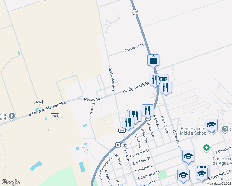map of restaurants, bars, coffee shops, grocery stores, and more near 393 FM Road in Crystal City