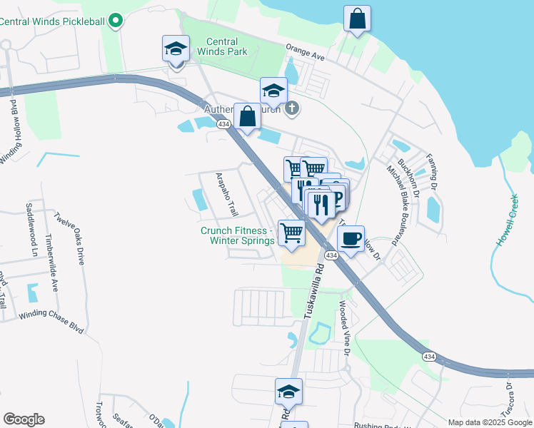 map of restaurants, bars, coffee shops, grocery stores, and more near 329 Lansbrook Lane in Winter Springs