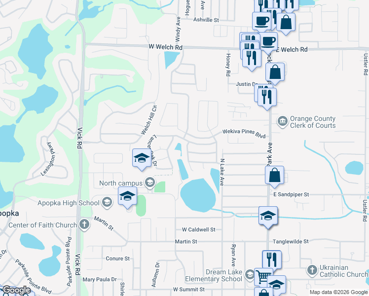 map of restaurants, bars, coffee shops, grocery stores, and more near 144 Knights Hollow Drive in Apopka
