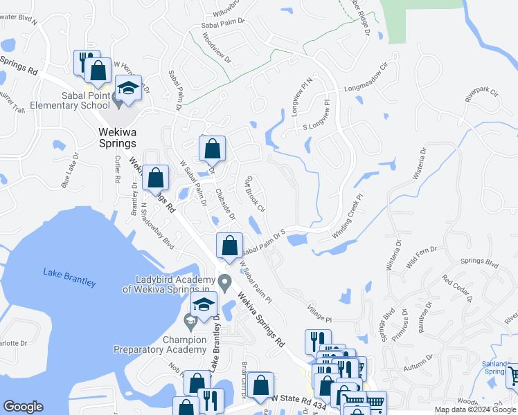 map of restaurants, bars, coffee shops, grocery stores, and more near 417 Golf Brook Circle in Wekiva Springs