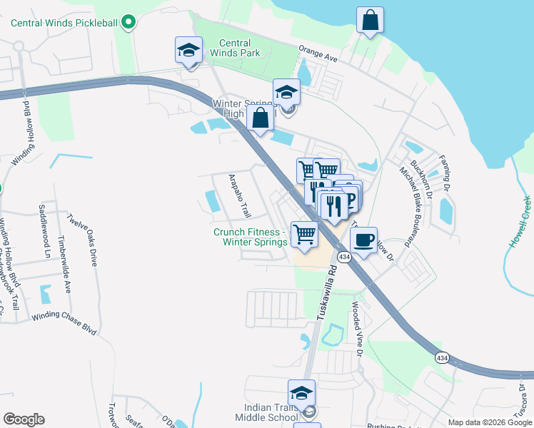 map of restaurants, bars, coffee shops, grocery stores, and more near 1095 Cheyenne Trail in Winter Springs