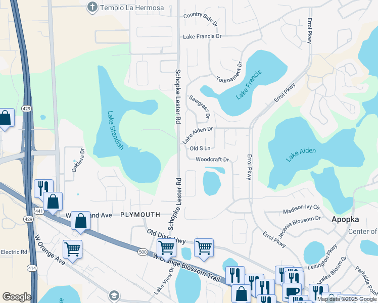 map of restaurants, bars, coffee shops, grocery stores, and more near 2230 Old South Lane in Apopka