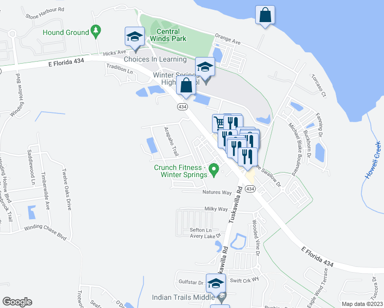 map of restaurants, bars, coffee shops, grocery stores, and more near 319 Mohawk Trail in Winter Springs