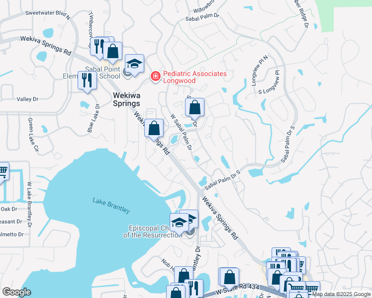 map of restaurants, bars, coffee shops, grocery stores, and more near 498 North Pin Oak Place in Longwood