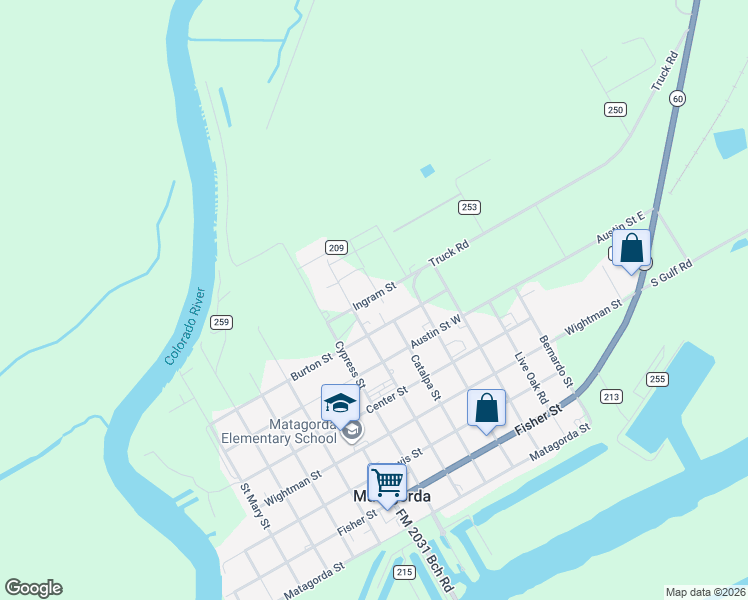 map of restaurants, bars, coffee shops, grocery stores, and more near County Road 210 in Matagorda