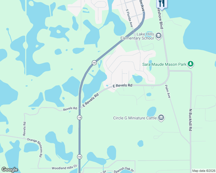 map of restaurants, bars, coffee shops, grocery stores, and more near 10720 East Revels Road in Howey-in-the-Hills