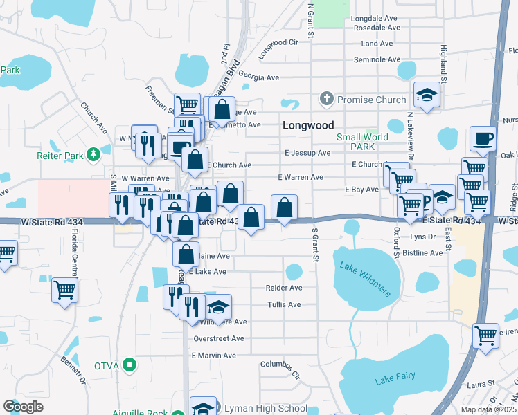 map of restaurants, bars, coffee shops, grocery stores, and more near 305 Florida 434 in Longwood