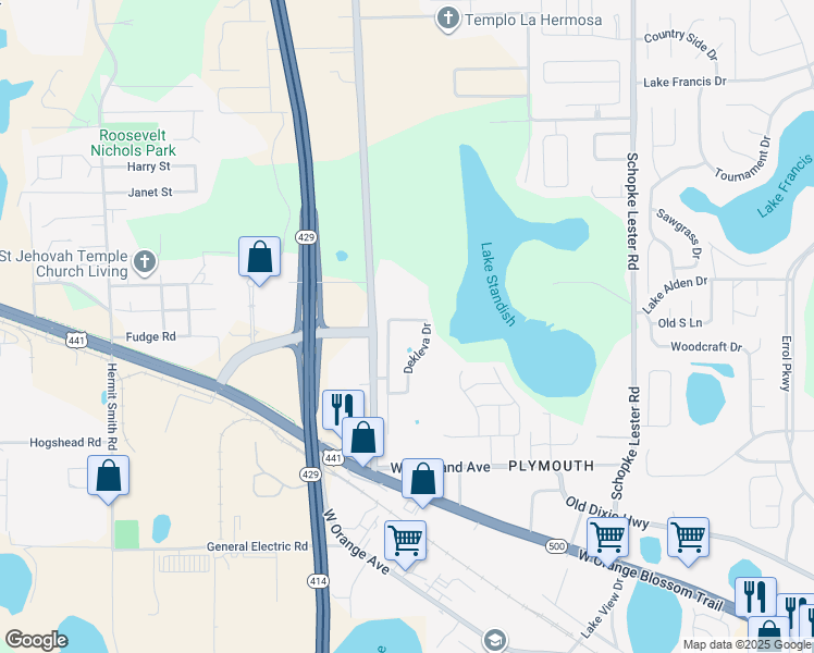 map of restaurants, bars, coffee shops, grocery stores, and more near 1045 Dekleva Drive in Apopka
