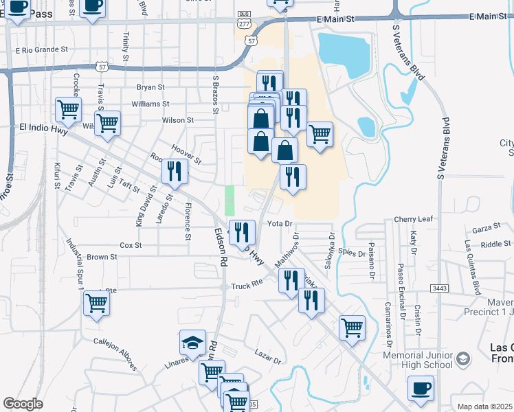 map of restaurants, bars, coffee shops, grocery stores, and more near 711 Farm-To-Market Road 375 in Eagle Pass