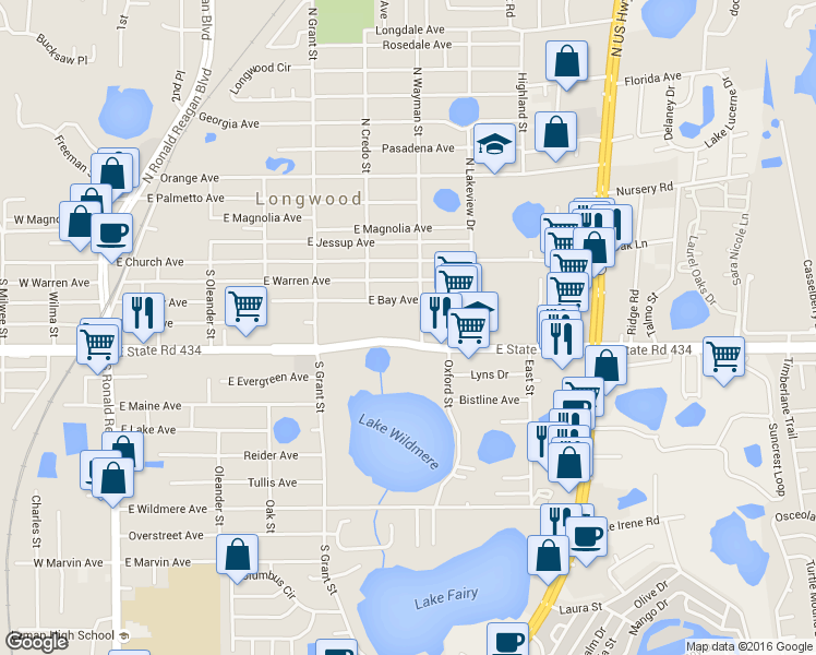 map of restaurants, bars, coffee shops, grocery stores, and more near 730 Florida 434 in Longwood