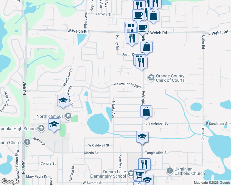 map of restaurants, bars, coffee shops, grocery stores, and more near 41 West Albatross Street in Apopka