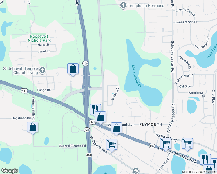 map of restaurants, bars, coffee shops, grocery stores, and more near 966 Dekleva Drive in Apopka