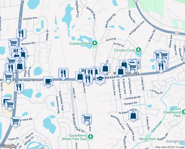 map of restaurants, bars, coffee shops, grocery stores, and more near 30 Sheoah Boulevard in Winter Springs