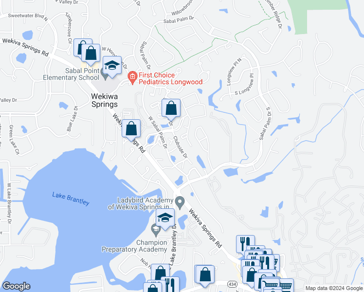 map of restaurants, bars, coffee shops, grocery stores, and more near 1303 Clubside Drive in Longwood