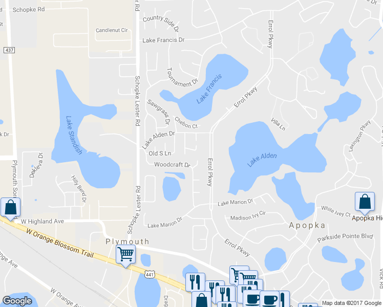 map of restaurants, bars, coffee shops, grocery stores, and more near 2073 Nexus Court in Apopka