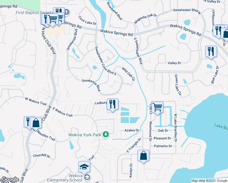 map of restaurants, bars, coffee shops, grocery stores, and more near 657 Smokerise Boulevard in Longwood