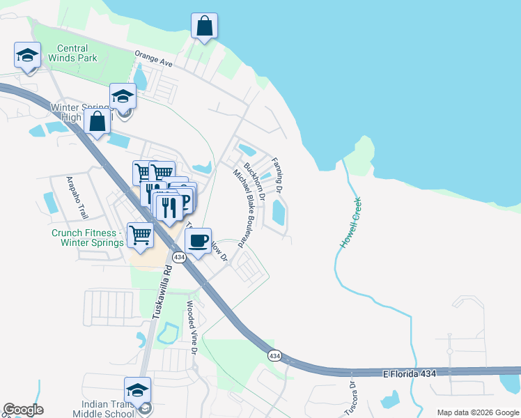map of restaurants, bars, coffee shops, grocery stores, and more near 468 Buckhorn Drive in Winter Springs