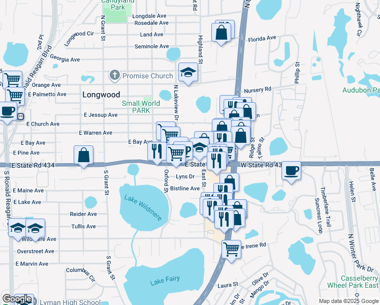 map of restaurants, bars, coffee shops, grocery stores, and more near 893 East State Road 434 in Longwood