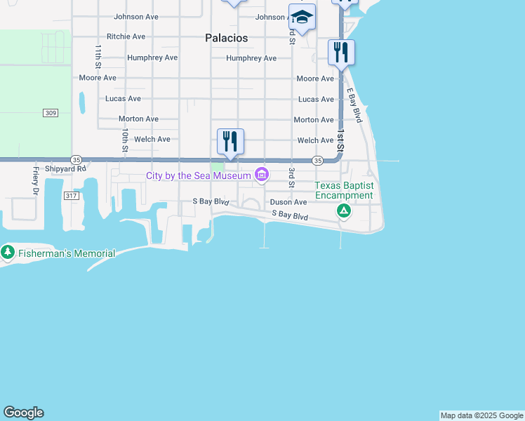 map of restaurants, bars, coffee shops, grocery stores, and more near 408 South Bay Boulevard in Palacios