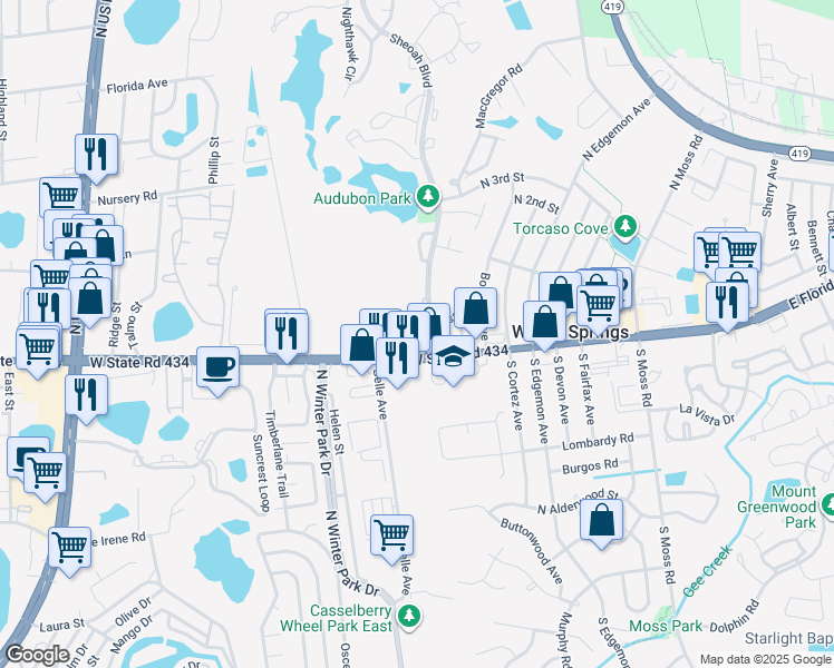 map of restaurants, bars, coffee shops, grocery stores, and more near 4031 Sheoah Boulevard in Winter Springs