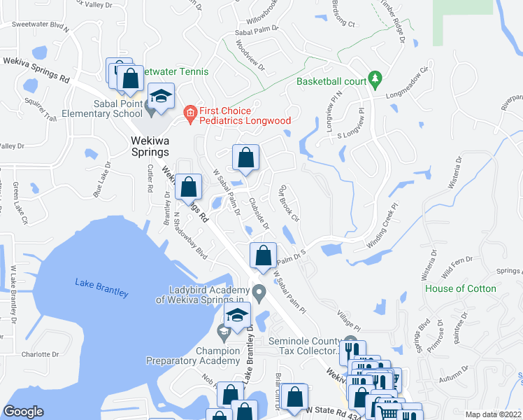 map of restaurants, bars, coffee shops, grocery stores, and more near 4308 Clubside Drive in Longwood