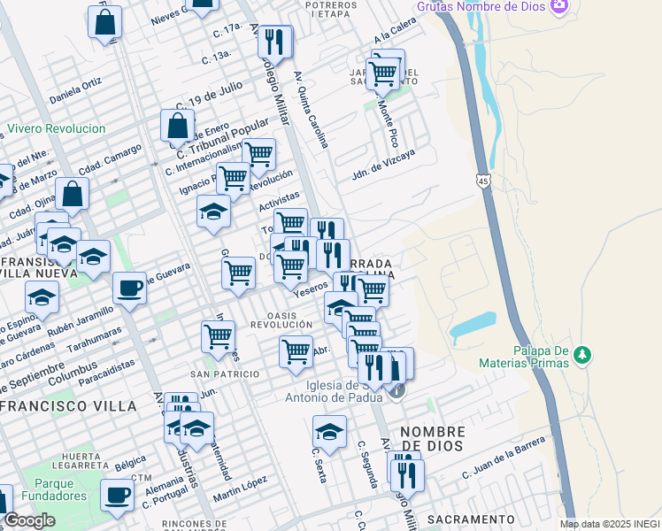 map of restaurants, bars, coffee shops, grocery stores, and more near Avenida Heroico Colegio Militar in Chihuahua