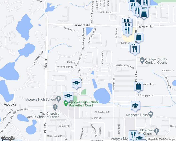 map of restaurants, bars, coffee shops, grocery stores, and more near 572 Lancer Oak Drive in Apopka