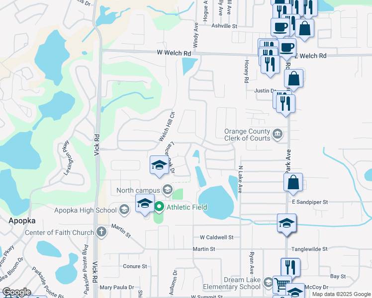map of restaurants, bars, coffee shops, grocery stores, and more near 572 Lancer Oak Drive in Apopka