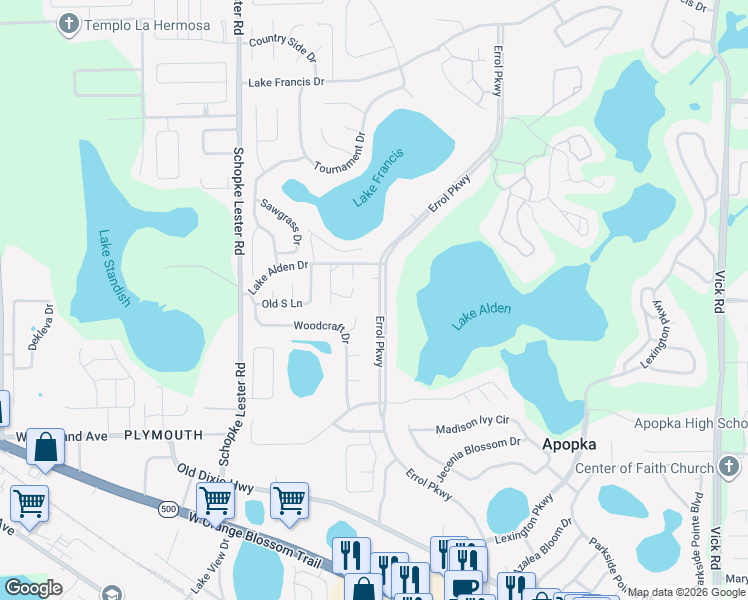 map of restaurants, bars, coffee shops, grocery stores, and more near 1016 Errol Parkway in Apopka