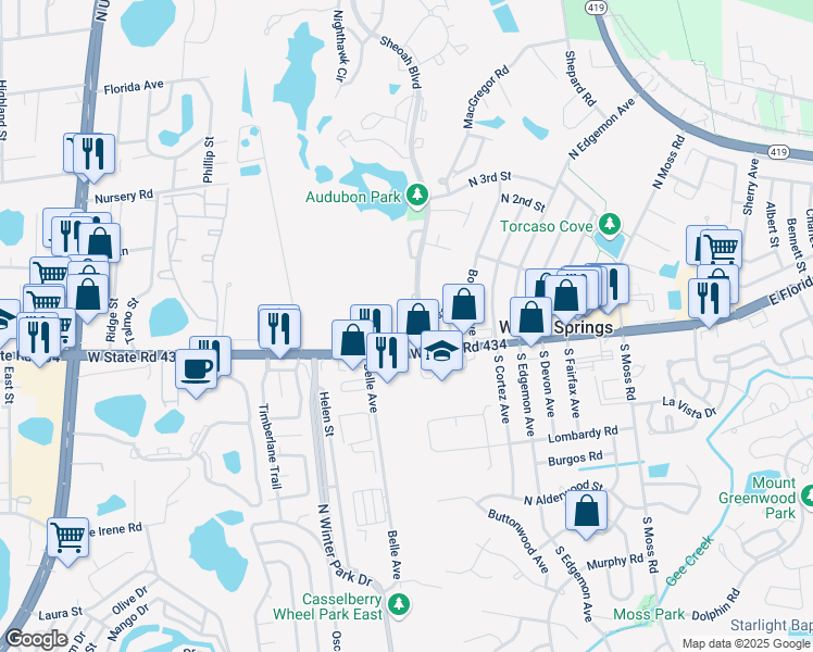 map of restaurants, bars, coffee shops, grocery stores, and more near 4031 Sheoah Boulevard in Winter Springs