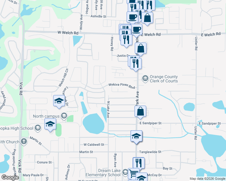 map of restaurants, bars, coffee shops, grocery stores, and more near 34 Pine Forest Place in Apopka