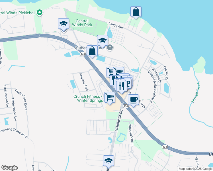 map of restaurants, bars, coffee shops, grocery stores, and more near 420 Blue Bayou Lane in Winter Springs