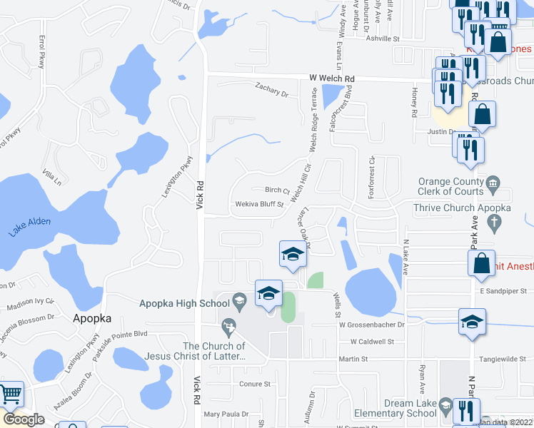 map of restaurants, bars, coffee shops, grocery stores, and more near 935 Welch Hill Circle in Apopka