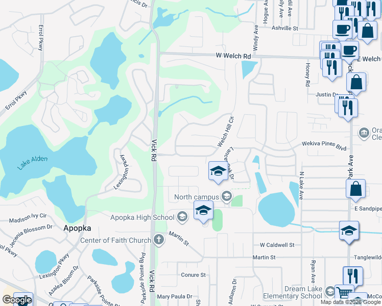 map of restaurants, bars, coffee shops, grocery stores, and more near 545 Wekiva Bluff Street in Apopka
