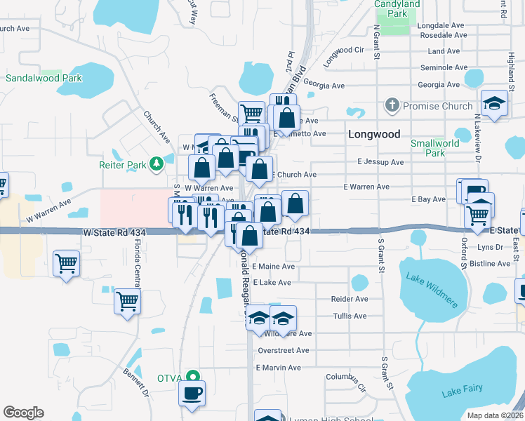 map of restaurants, bars, coffee shops, grocery stores, and more near 184 East Bay Avenue in Longwood