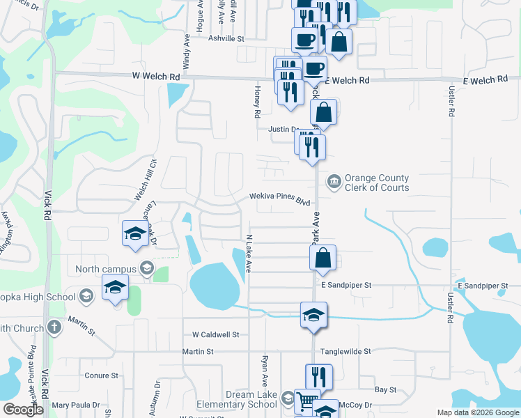 map of restaurants, bars, coffee shops, grocery stores, and more near 34 Pine Forest Place in Apopka