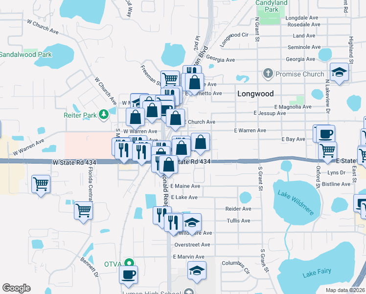 map of restaurants, bars, coffee shops, grocery stores, and more near 184 East Bay Avenue in Longwood