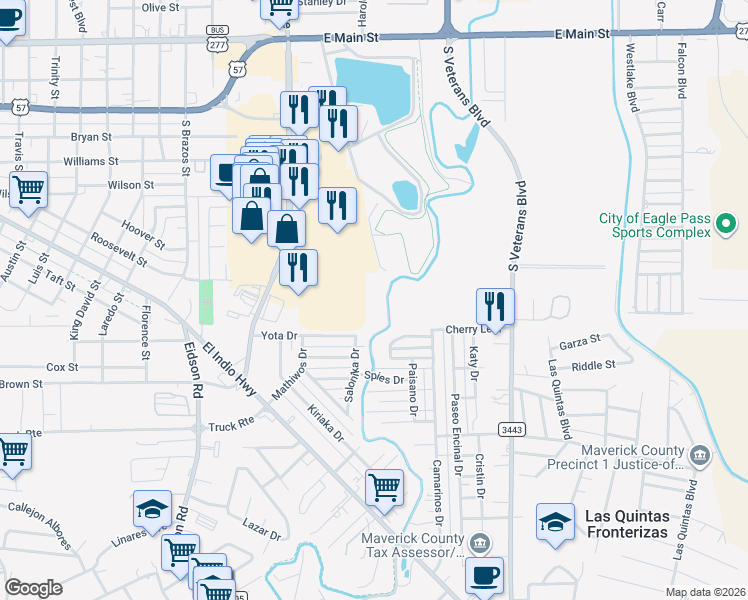 map of restaurants, bars, coffee shops, grocery stores, and more near Maverick County Lake Jogging Trail in Eagle Pass