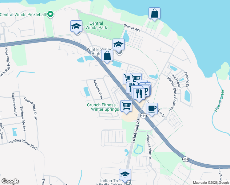 map of restaurants, bars, coffee shops, grocery stores, and more near 111 McLeod's Way in Winter Springs
